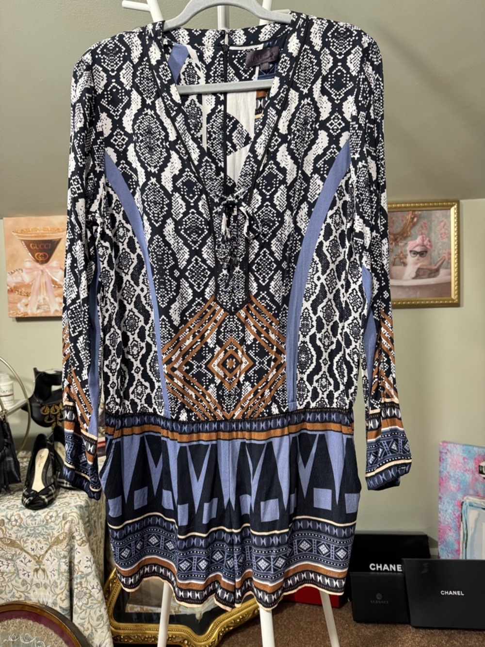 NWOT Hale Bob Black, White & Purple Tribal Printed Romper Zipper Back Tie Front - Picture 3 of 15